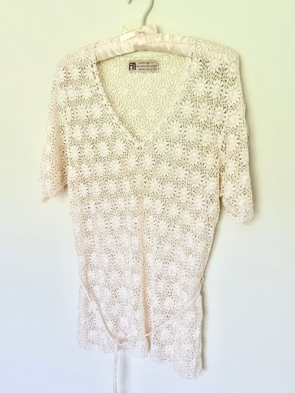 Vintage Handmade Crochet Sweater Cream Boho Cottagecore Tie Waist Pullover